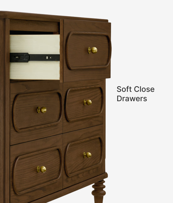 Wooden dresser with soft close drawers and gold handles on a white background