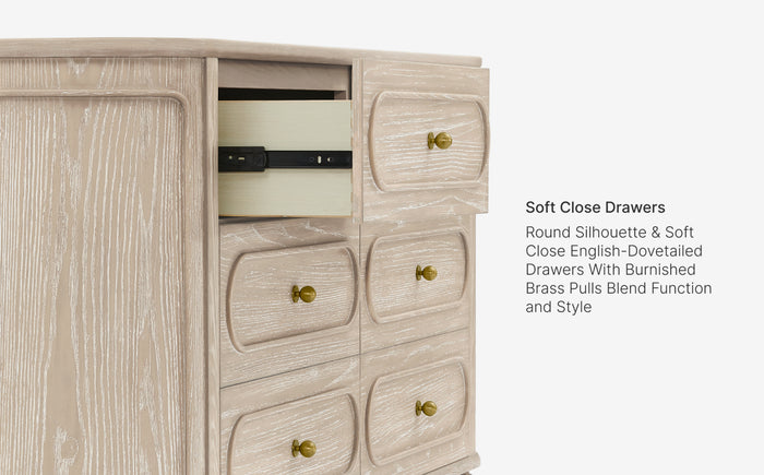 Wooden dresser with drawers and brass pulls on a white background
