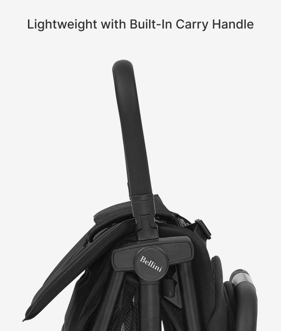 Black stroller with built-in handle and 'Bellini' branding on a white background