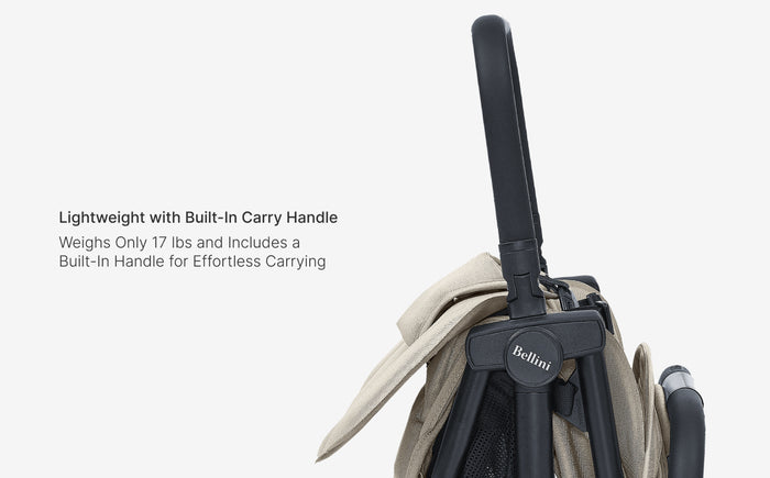 Stroller with built-in handle and text about weight and carrying ease on a white background