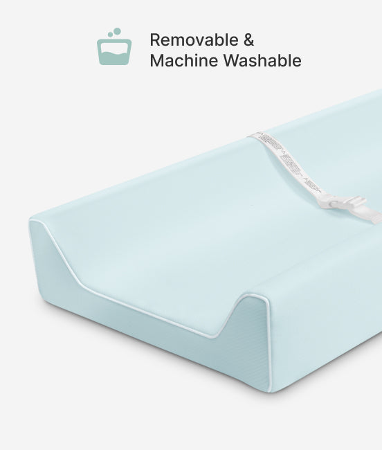 Light blue mattress protector with text indicating it is removable and machine washable.