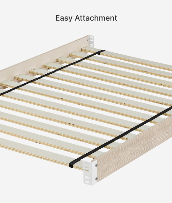 Wooden slat bed frame with easy attachment feature on a white background