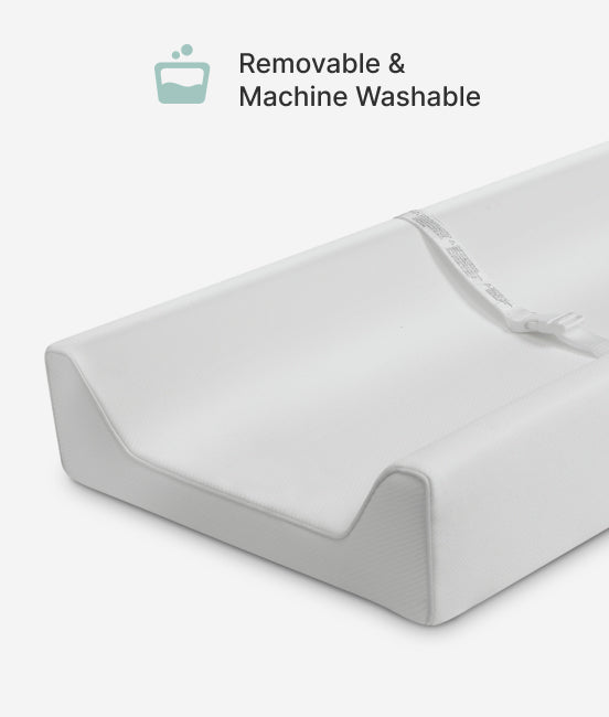 White mattress cover with text 'Removable & Machine Washable' on a white background