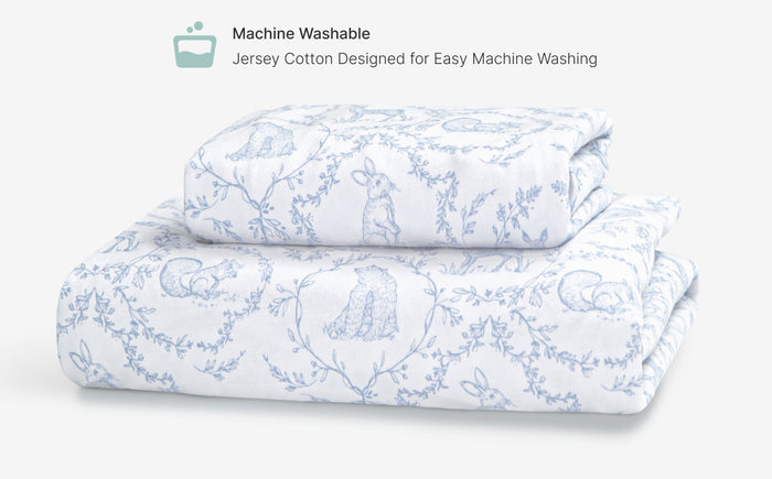 Floral patterned fabric on a white background with text about machine washability.