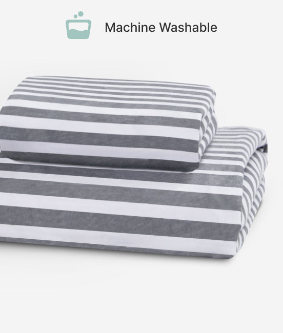 Stack of gray and white striped fabric on a white background with 'Machine Washable' text.