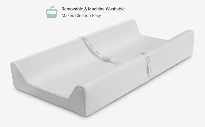 White mattress cover with text indicating it is removable and machine washable on a white background
