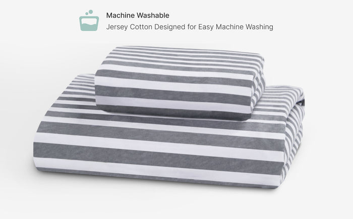 Gray and white striped fabric on a light gray background with text indicating machine washability.