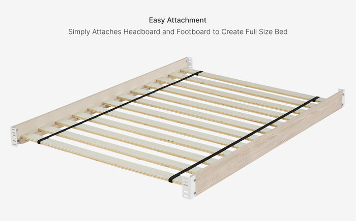 Wooden bed frame with slats and text indicating easy attachment features on a white background