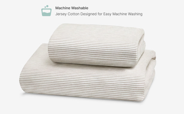 Folded striped fabric on a white background with text about machine washability.