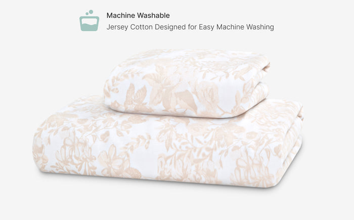 Floral-patterned comforter set on a white background with text about machine washability.