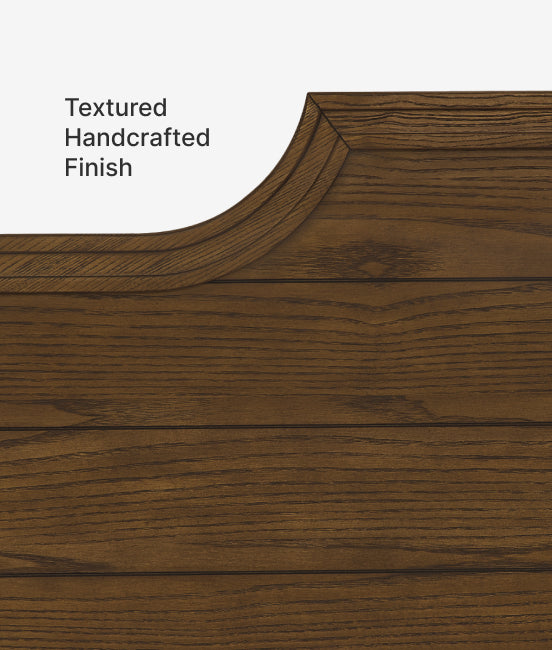 Close-up of wooden surface with 'Textured Handcrafted Finish' label
