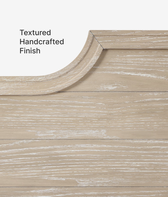 Close-up of a textured handcrafted wooden surface with 'Textured Handcrafted Finish' text.