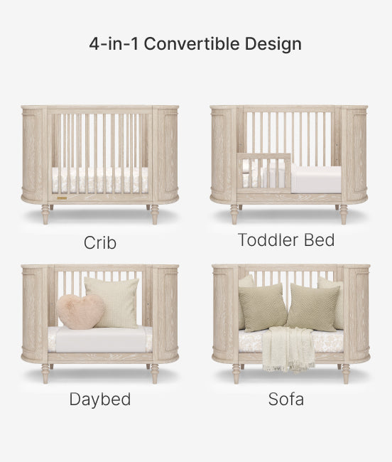 4-in-1 convertible furniture design transitioning from crib to toddler bed, daybed, and sofa.