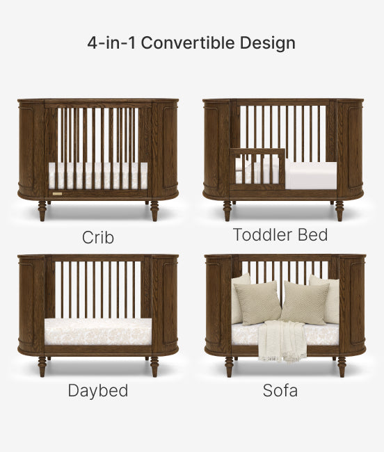 4-in-1 convertible furniture piece transitioning from crib to toddler bed, daybed, and sofa on a white background.