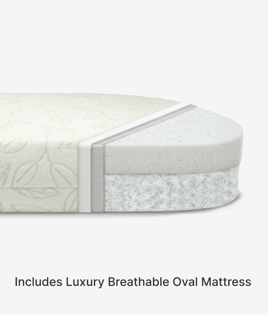 Luxury breathable oval mattress on a white background with text indicating its features.