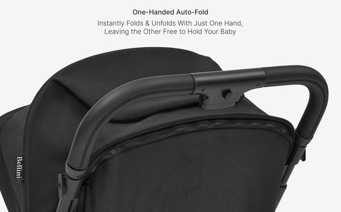 Black baby stroller with one-handed auto-fold feature on a white background