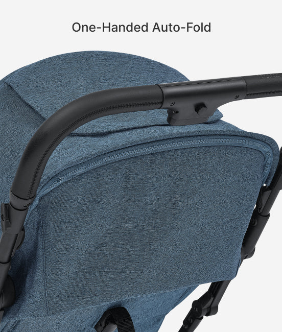 Blue stroller with one-handed auto-fold feature on a white background