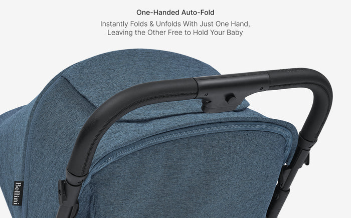 Blue baby stroller with one-handed auto-fold feature on a white background