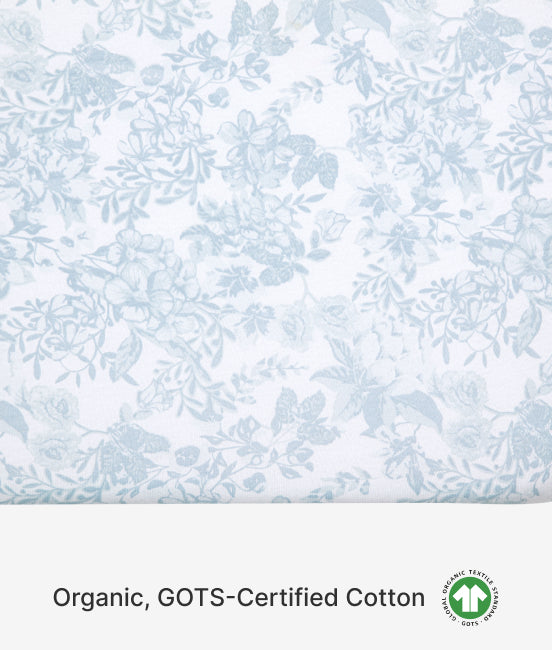 Floral patterned fabric with 'Organic, GOTS-Certified Cotton' label at the bottom.