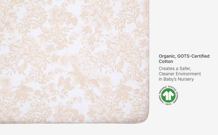 Textured fabric with GOTS certification label on a white background