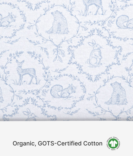 Patterned fabric with blue animal outlines on a white background, featuring GOTS certification.