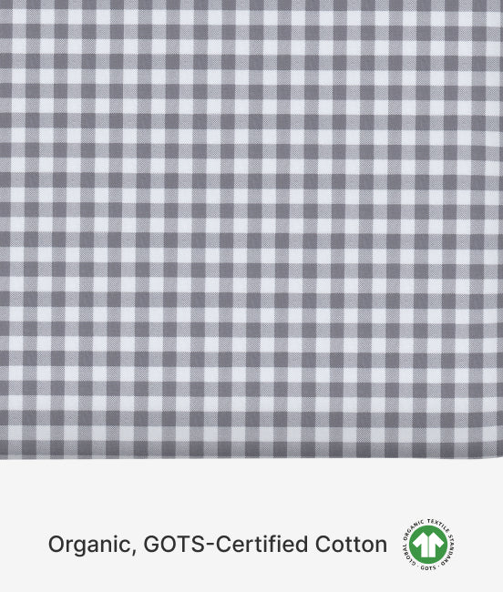 Gray and white checkered fabric with GOTS certification logo at the bottom.
