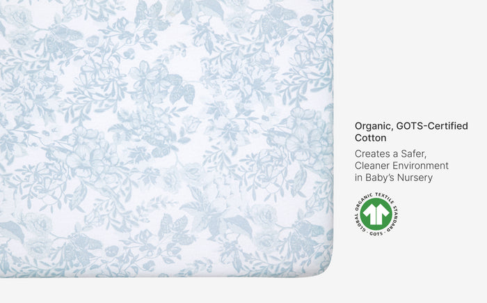 Organic, GOTS-Certified Cotton mattress topper with floral pattern and certification logo.