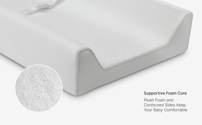 Baby mattress with supportive foam core and close-up of foam texture on a white background