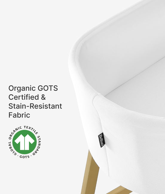 White chair with organic GOTS certified fabric and stain-resistant feature on a white background