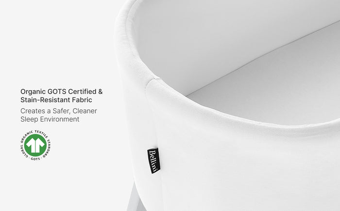 White mattress cover with GOTS certification label and Ballin brand logo on a white background