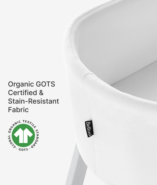 White shirt with Organic GOTS Certified & Stain-Resistant Fabric label on a white background