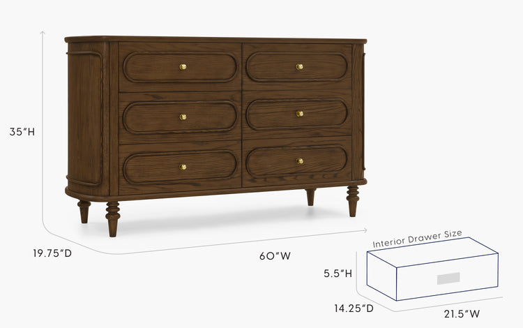 Wooden dresser with dimensions labeled on a white background
