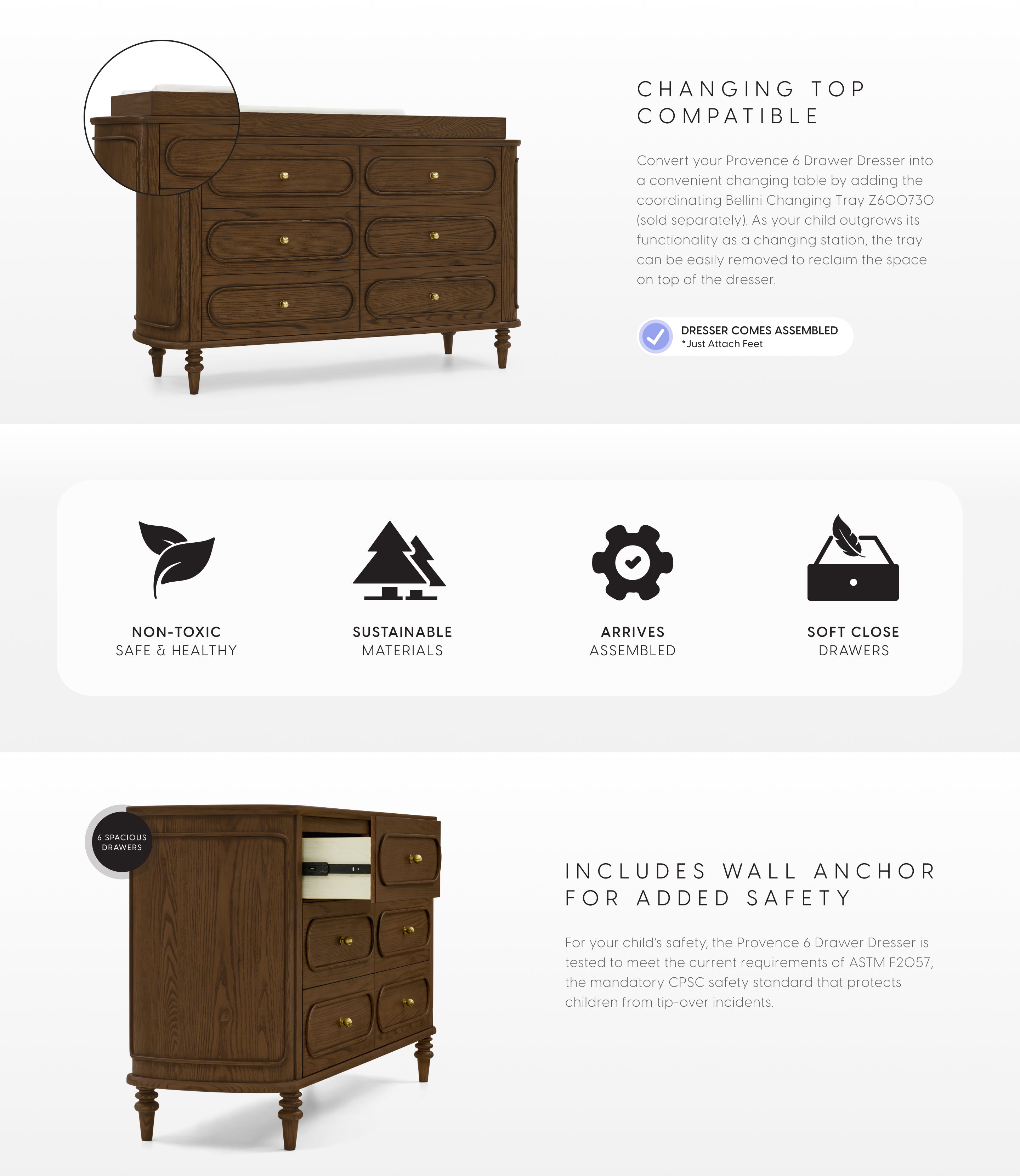 Wooden dresser with features listed on a white background