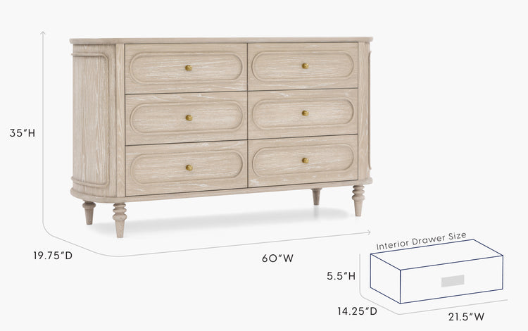 Beige dresser with dimensions and drawer size labels on a white background