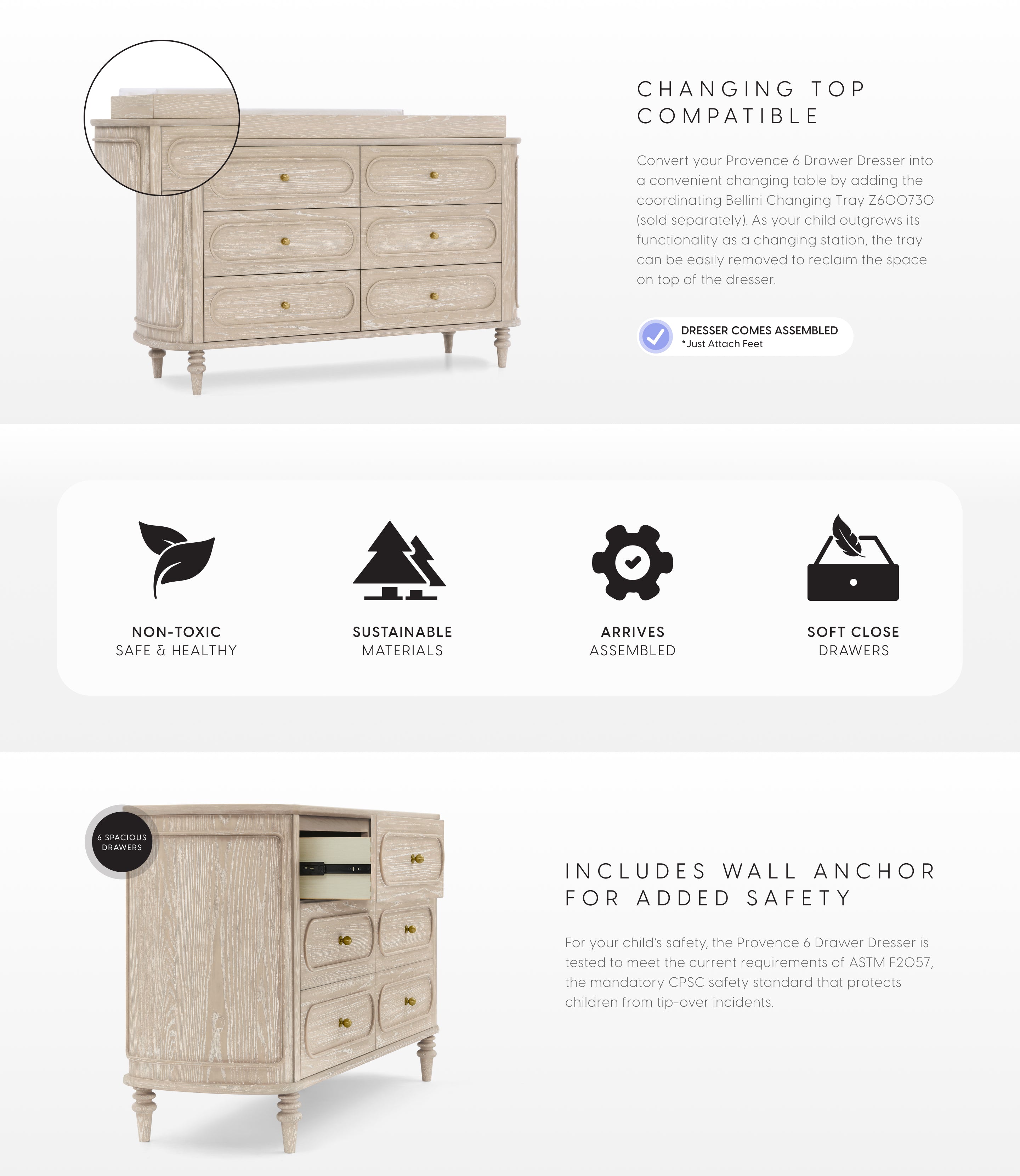Wooden dresser with features highlighted on a white background