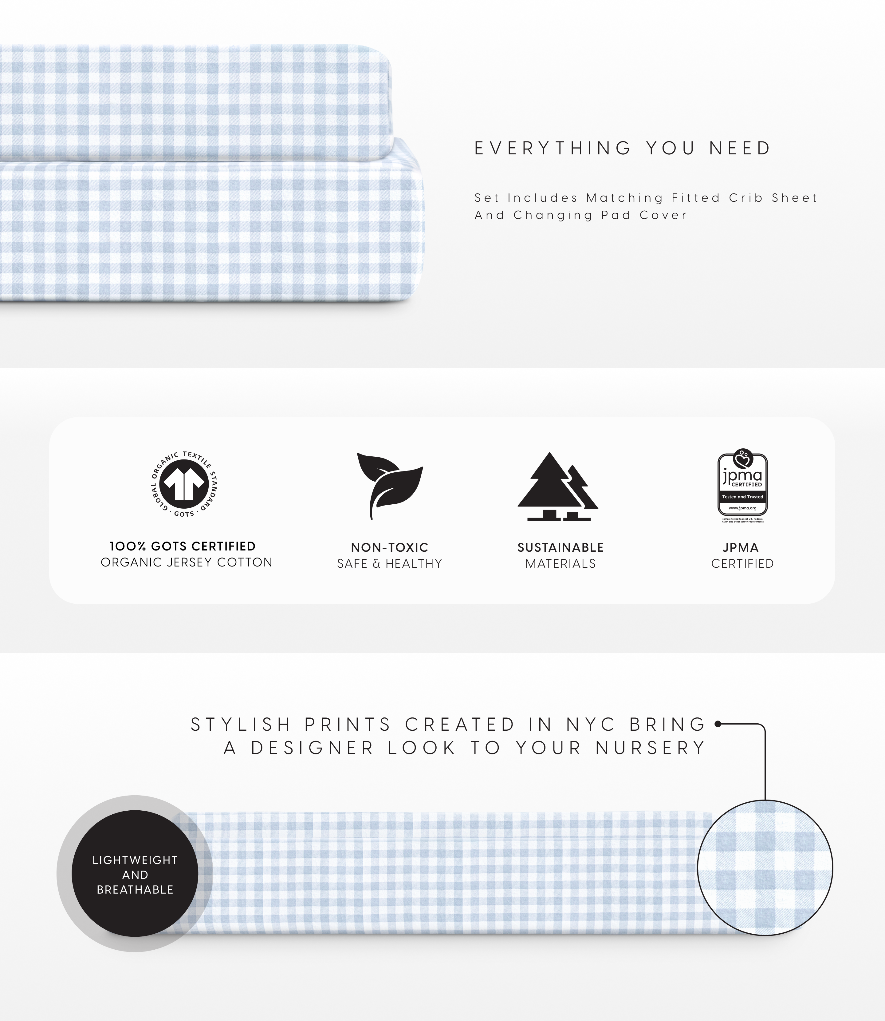 Crib sheet and changing pad cover set gingham blue callouts image for desktop