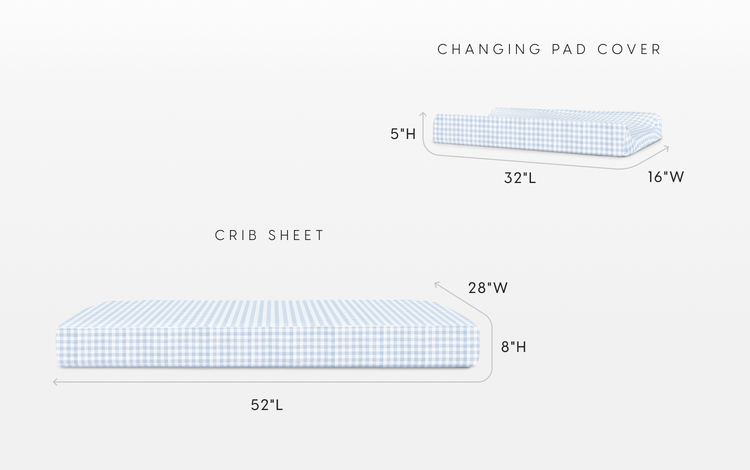 Crib sheet and changing pad cover set gingham blue callouts dimensions image