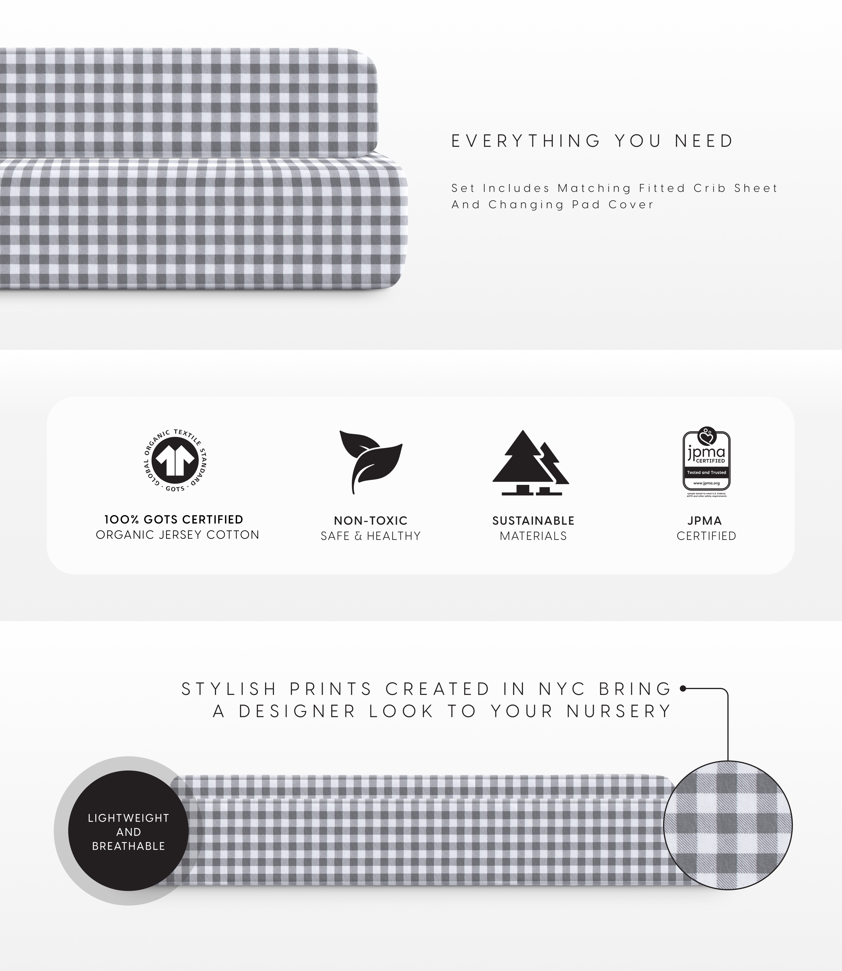 Crib sheet and changing pad cover set gingham grey callouts image for desktop