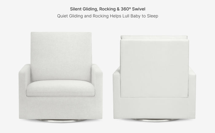 White baby chair with rocking and swivel features on a white background
