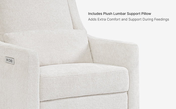 Gray fabric chair with plush lumbar support pillow feature text
