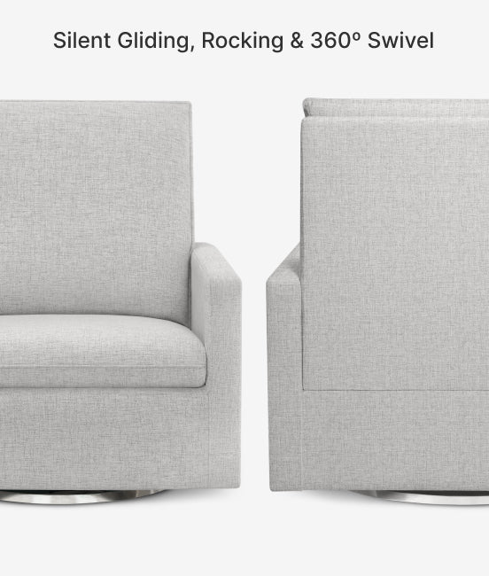 Two gray chairs with text indicating features like silent gliding, rocking, and 360-degree swivel on a white background.