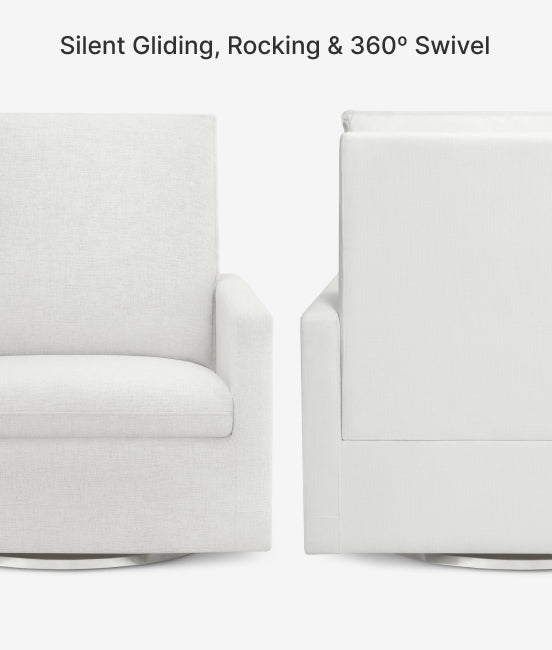 Two white chairs with text indicating features like silent gliding, rocking, and 360-degree swivel on a light gray background.