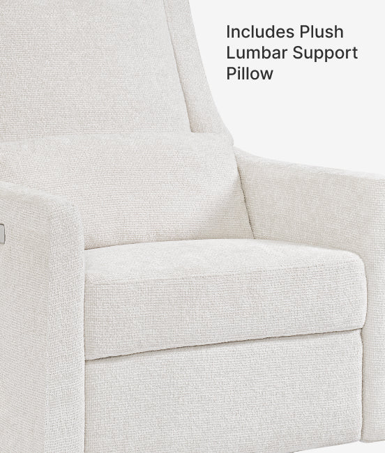 Light gray upholstered chair with plush lumbar support pillow feature.