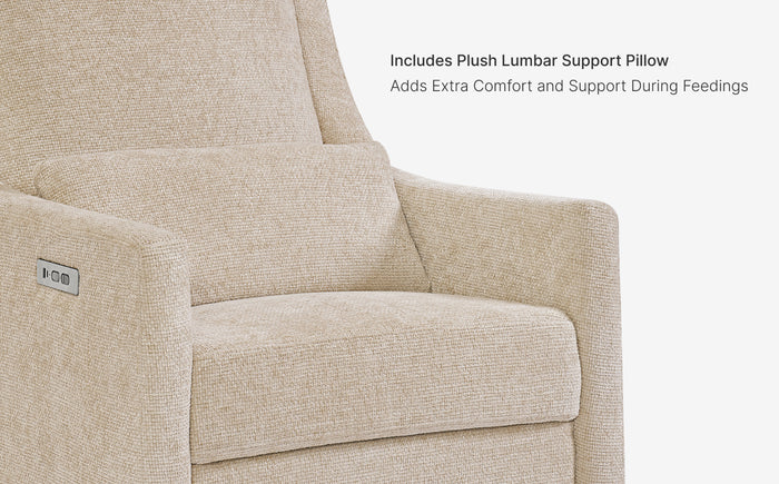 Beige recliner chair with plush lumbar support pillow feature on a white background