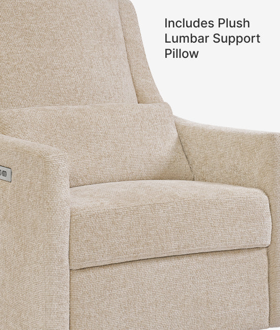 Beige recliner chair with plush lumbar support pillow feature.