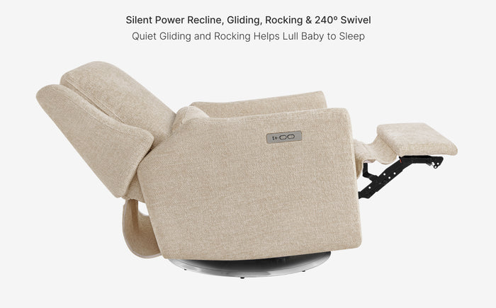 Beige recliner chair with text on silent power functions on a white background