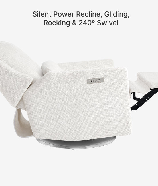 White baby seat with text indicating features on a white background
