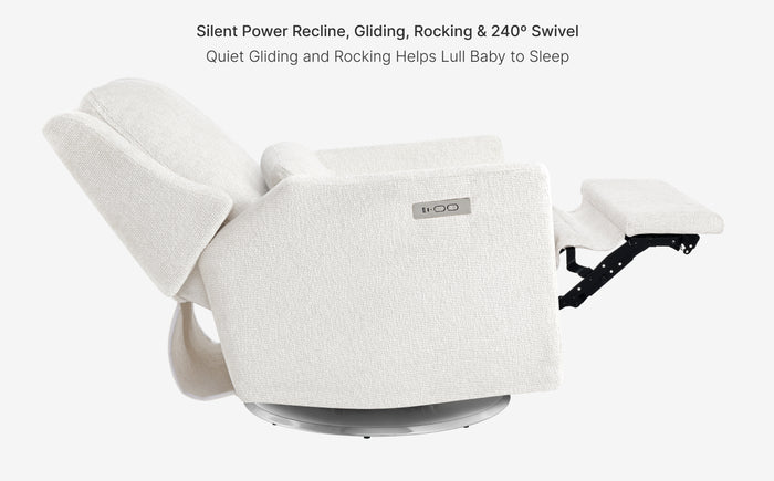 White baby seat with recline, gliding, rocking, and 240-degree swivel features on a white background.