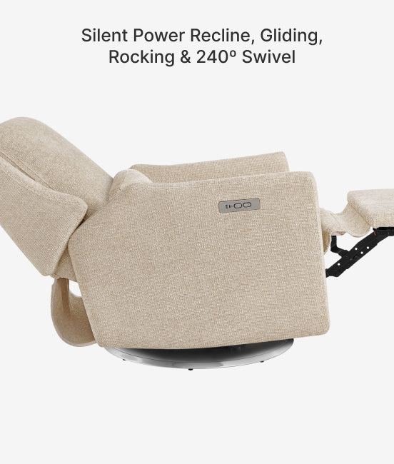Beige recliner chair with text indicating features on a white background