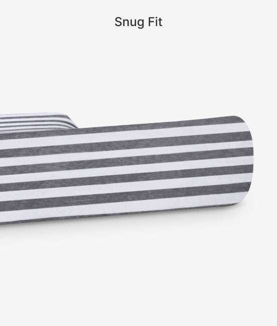 Striped fabric with 'Snug Fit' text on a white background